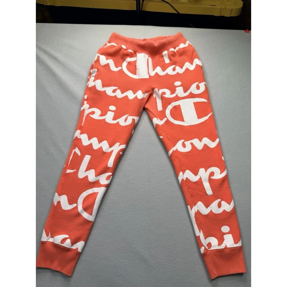 Champion Reverse Weave Giant Script Jogger Pants Orange White Size M